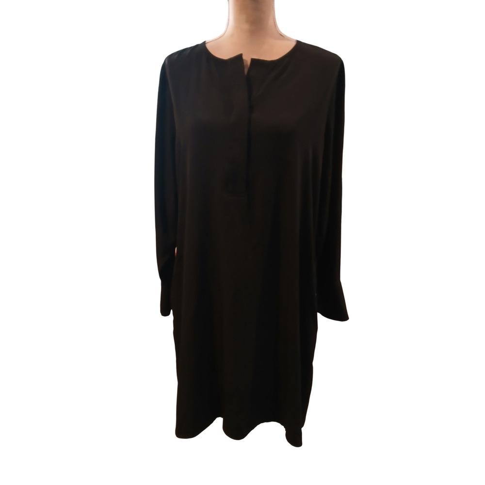 Chicos 2 Large Black Long Sleeve Button Front Shift Dress Pockets Wide Cuffs